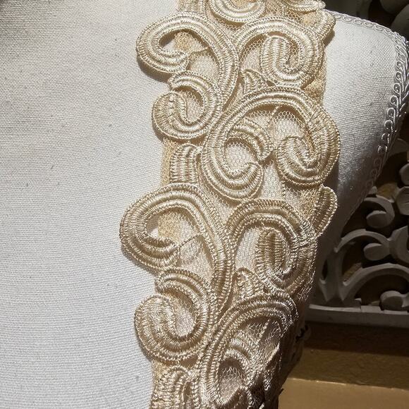 Ryu L Lace Mesh Dress Tan Cream Romantic Boho Cottagecore Vintage Fit Flare - Picture 7 of 16